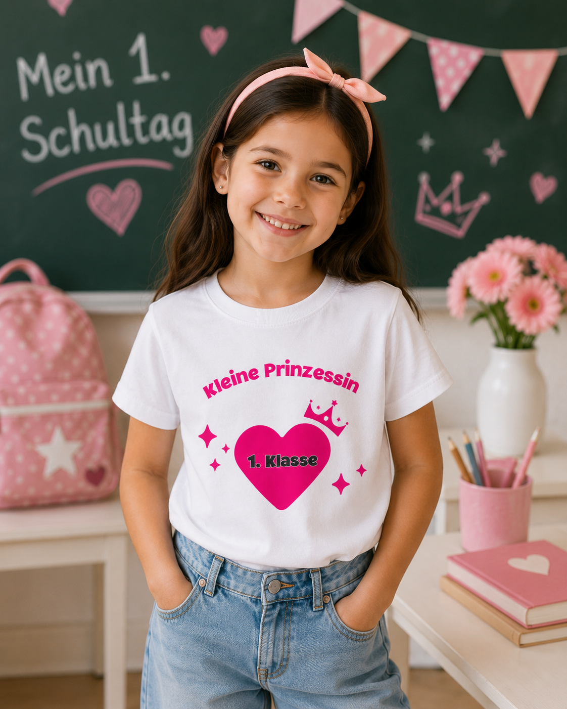 Kleine Prinzessin 1. Klasse Kinder T-Shirt | Einschulung Mädchen | Süßes Schulstart Shirt mit Herz
