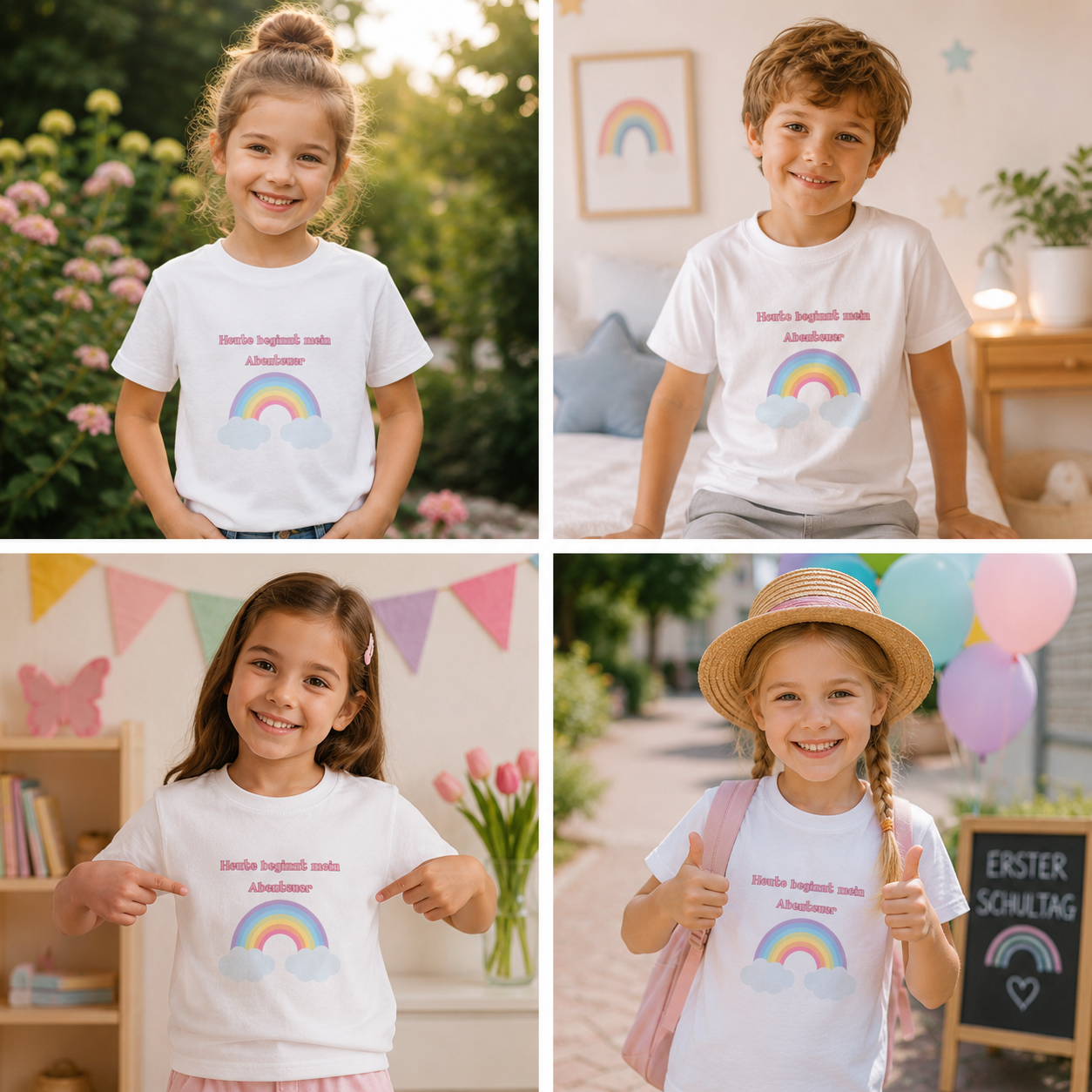 Heute beginnt mein Abenteuer Kinder T-Shirt | Einschulung Jungen & Mädchen | Süßes Schulstart Shirt mit Regenbogen