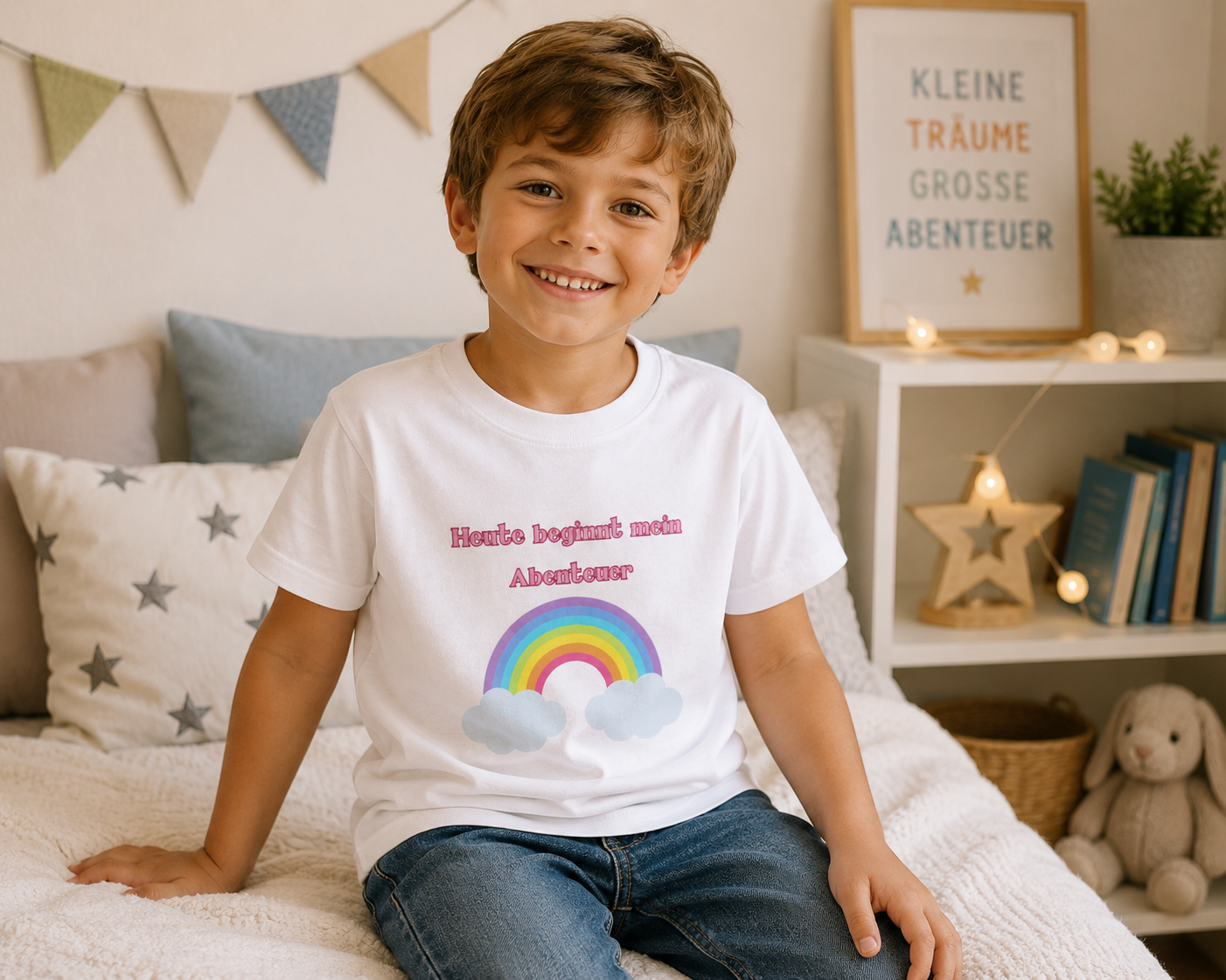 Heute beginnt mein Abenteuer Kinder T-Shirt | Einschulung Jungen & Mädchen | Süßes Schulstart Shirt mit Regenbogen