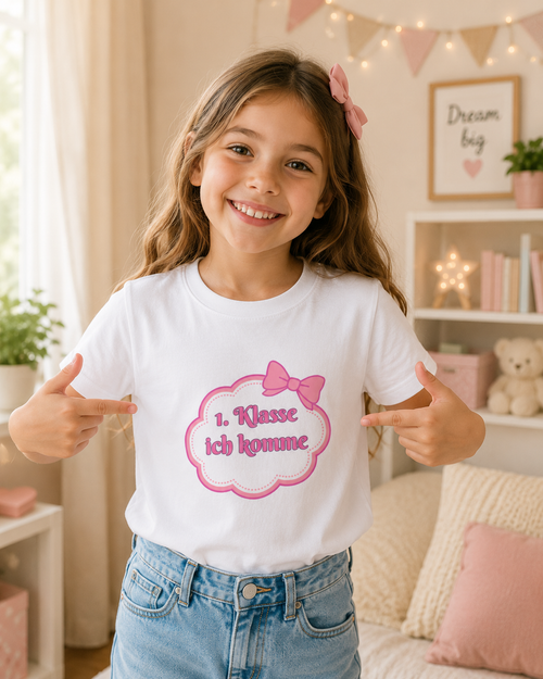 1. Klasse ich komme Kinder T-Shirt | Einschulung Mädchen | Süßes Schulstart Shirt mit Schleife