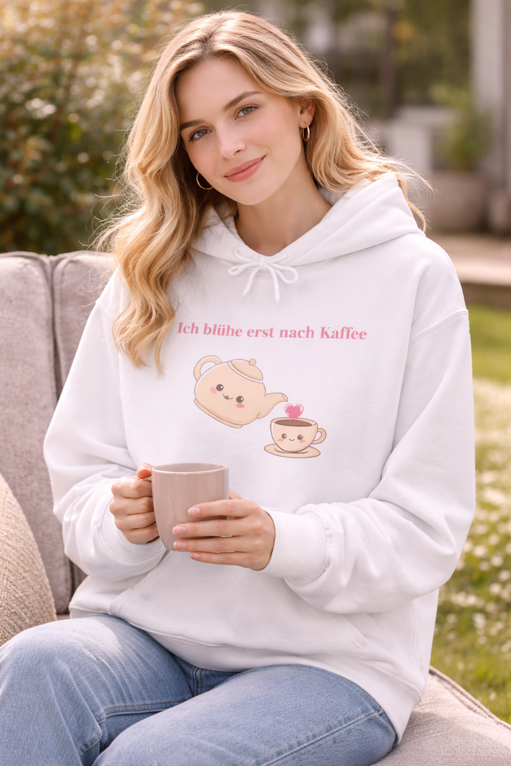 Weißer oder schwarzer Unisex Hoodie mit dem Spruch „Ich blühe erst nach Kaffee“ sowie niedlicher Kaffeekanne und Tassen-Illustration für Kaffeeliebhaber.