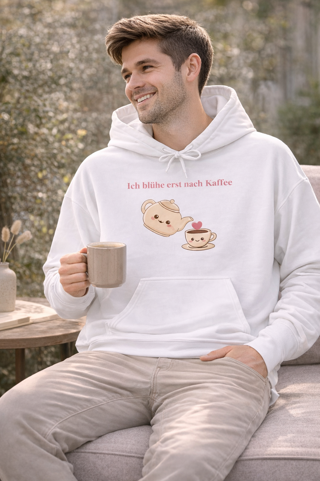 Weißer oder schwarzer Unisex Hoodie mit dem Spruch „Ich blühe erst nach Kaffee“ sowie niedlicher Kaffeekanne und Tassen-Illustration für Kaffeeliebhaber.