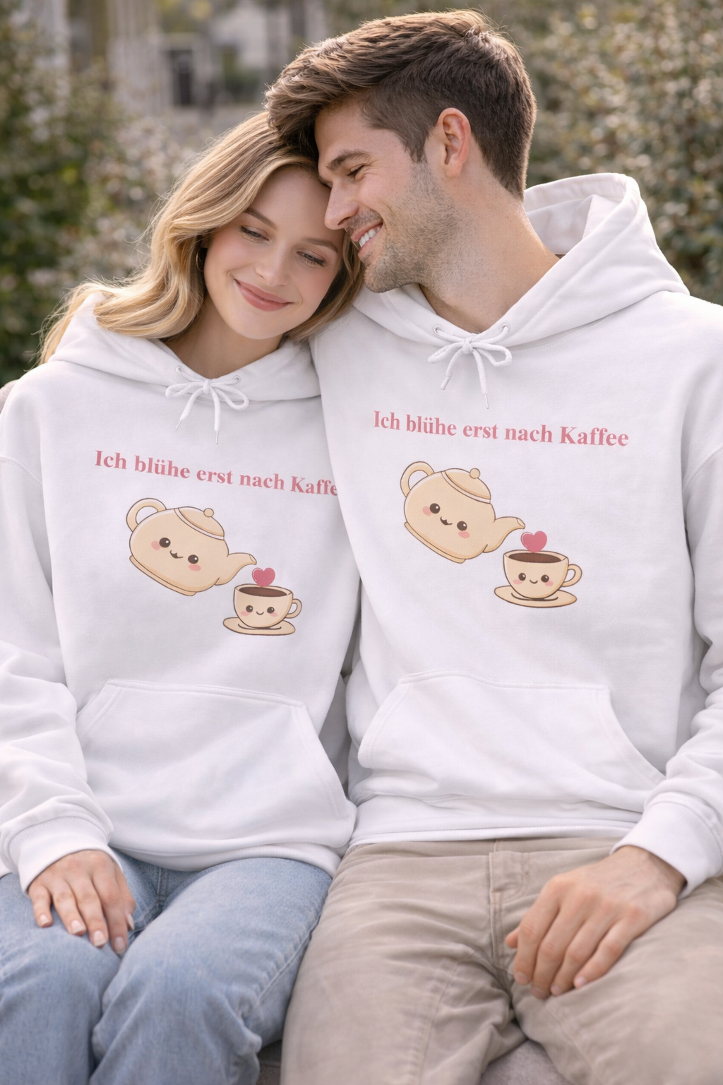 Weißer oder schwarzer Unisex Hoodie mit dem Spruch „Ich blühe erst nach Kaffee“ sowie niedlicher Kaffeekanne und Tassen-Illustration für Kaffeeliebhaber.