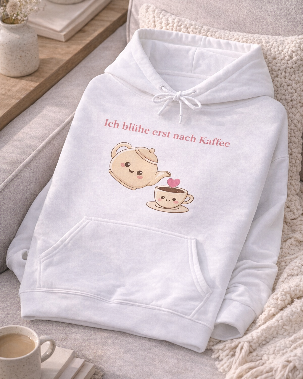 Weißer oder schwarzer Unisex Hoodie mit dem Spruch „Ich blühe erst nach Kaffee“ sowie niedlicher Kaffeekanne und Tassen-Illustration für Kaffeeliebhaber.