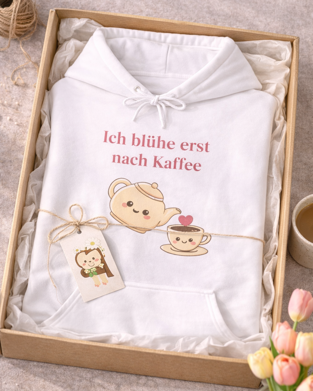 Weißer oder schwarzer Unisex Hoodie mit dem Spruch „Ich blühe erst nach Kaffee“ sowie niedlicher Kaffeekanne und Tassen-Illustration für Kaffeeliebhaber.