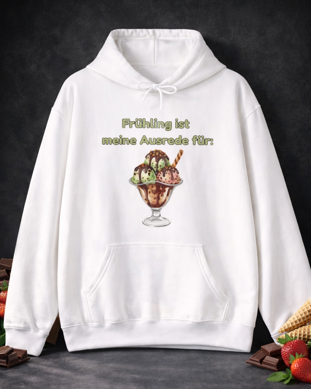 Weißer Unisex-Hoodie mit Spruch „Frühling ist meine Ausrede für Eis“ und großem Eisbecher-Motiv auf der Vorderseite.