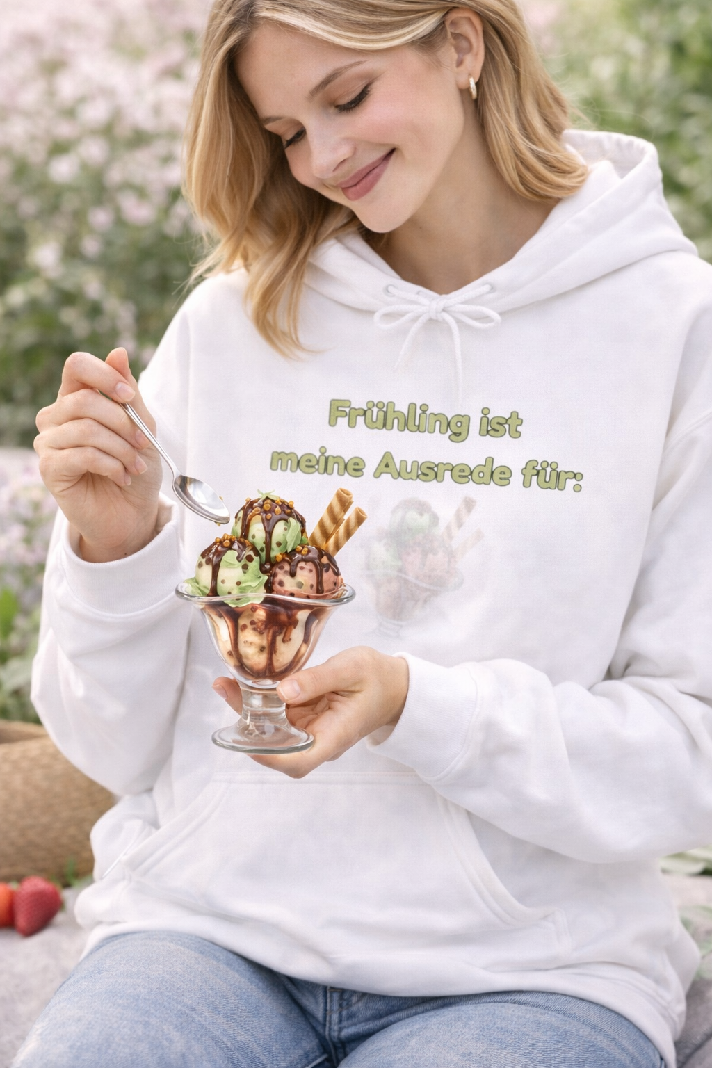 Weißer Unisex-Hoodie mit Spruch „Frühling ist meine Ausrede für Eis“ und großem Eisbecher-Motiv auf der Vorderseite.