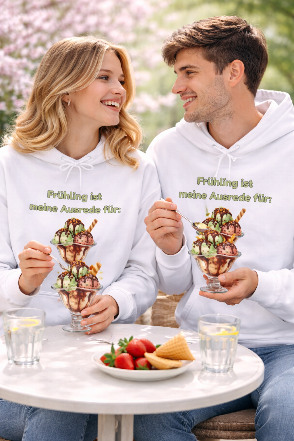 Weißer Unisex-Hoodie mit Spruch „Frühling ist meine Ausrede für Eis“ und großem Eisbecher-Motiv auf der Vorderseite.