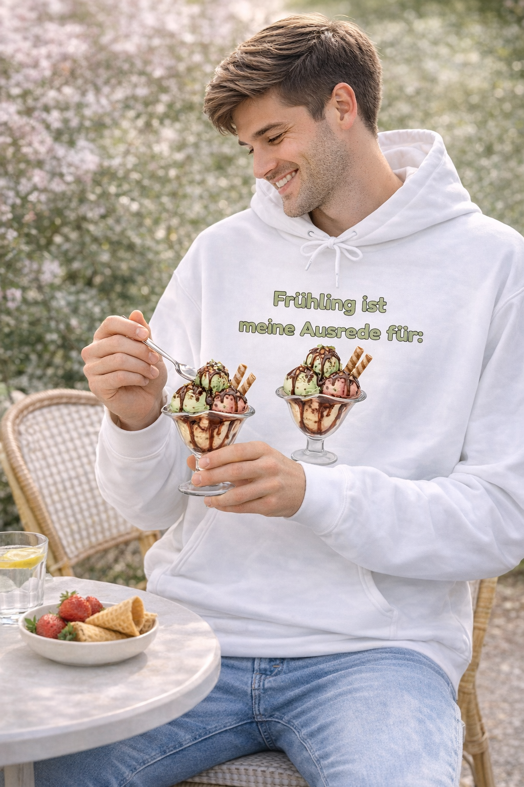 Weißer Unisex-Hoodie mit Spruch „Frühling ist meine Ausrede für Eis“ und großem Eisbecher-Motiv auf der Vorderseite.