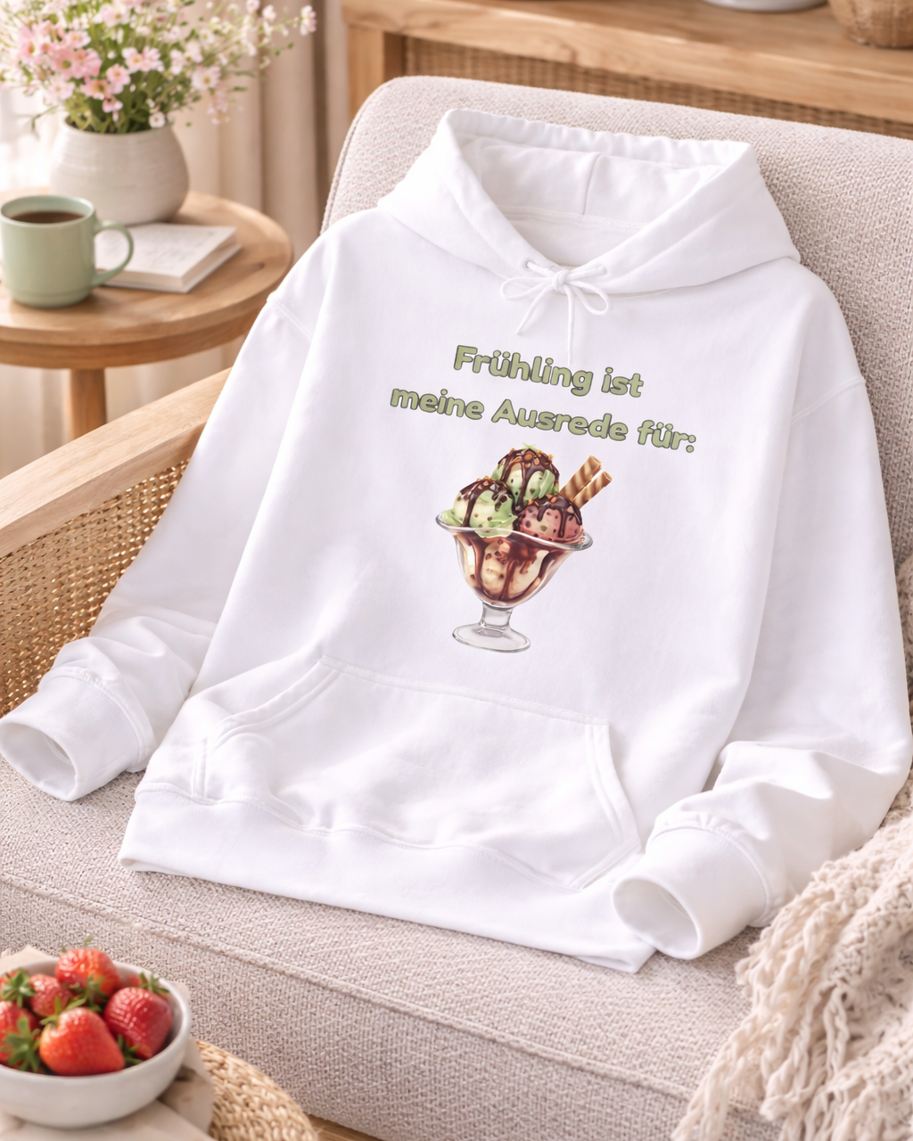 Weißer Unisex-Hoodie mit Spruch „Frühling ist meine Ausrede für Eis“ und großem Eisbecher-Motiv auf der Vorderseite.