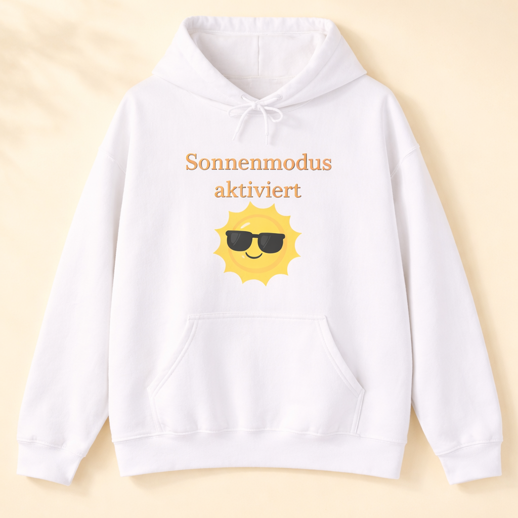 Weißer oder royalblauer Unisex Hoodie mit dem Aufdruck „Sonnenmodus aktiviert“ und fröhlichem Sonnenmotiv für Sommer, Urlaub und gute Laune.