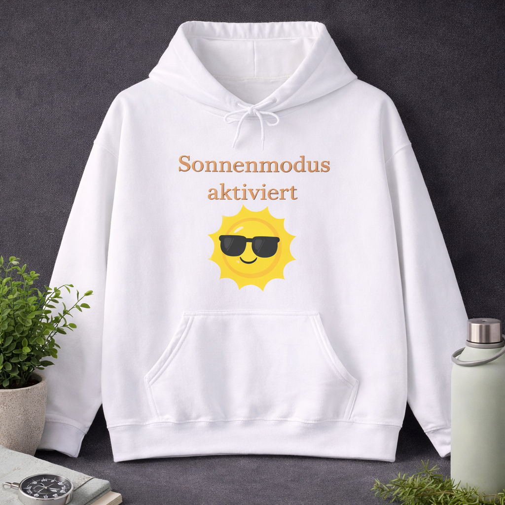 Weißer oder royalblauer Unisex Hoodie mit dem Aufdruck „Sonnenmodus aktiviert“ und fröhlichem Sonnenmotiv für Sommer, Urlaub und gute Laune.
