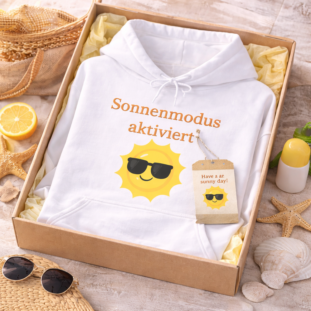 Weißer oder royalblauer Unisex Hoodie mit dem Aufdruck „Sonnenmodus aktiviert“ und fröhlichem Sonnenmotiv für Sommer, Urlaub und gute Laune.