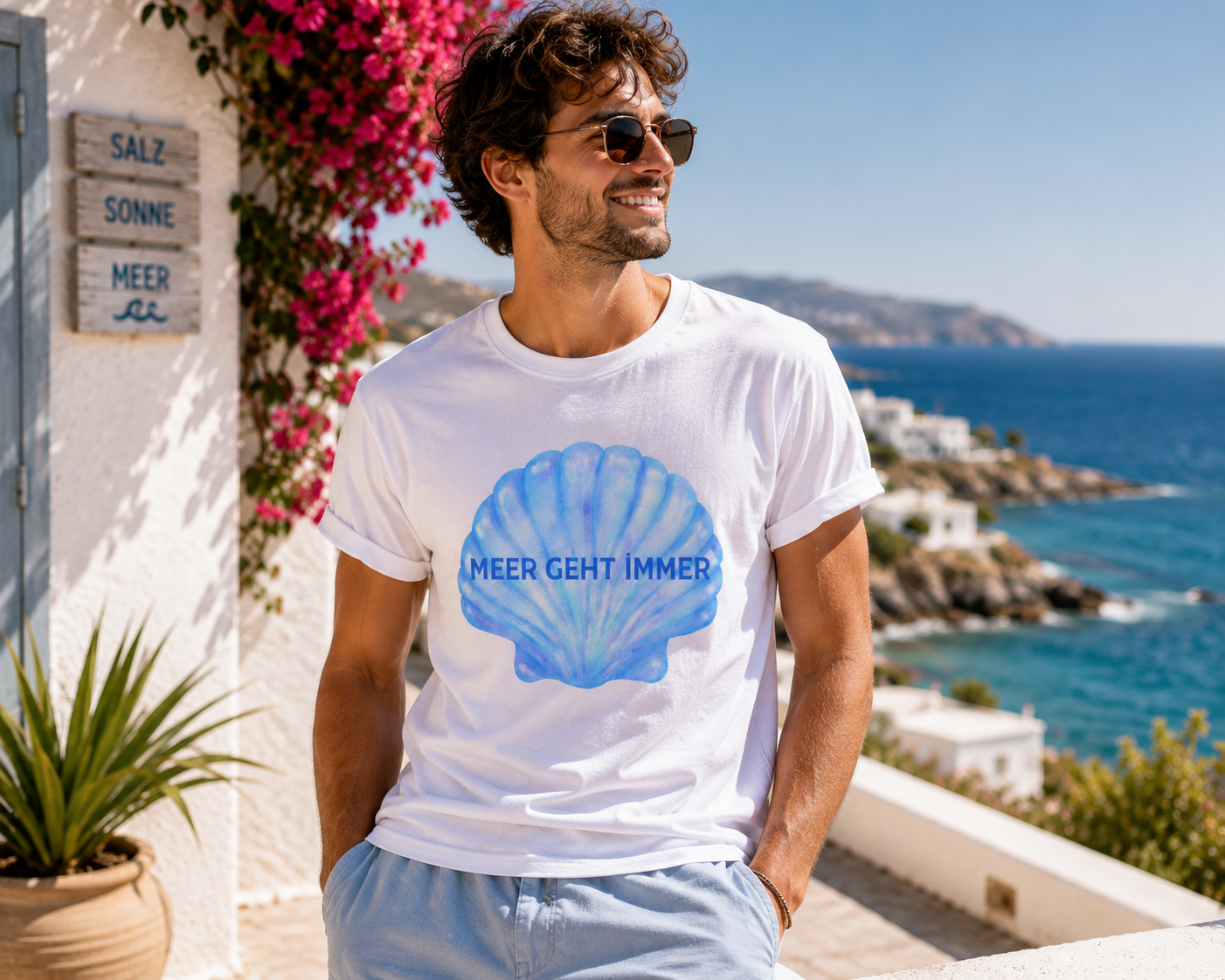 Meer geht immer T-Shirt | Sommer Shirt mit Muschel | Urlaub Meer Strand Shirt Damen Herren