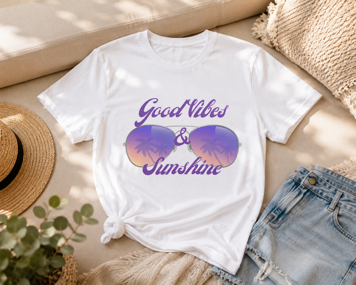 Good Vibes & Sunshine T-Shirt | Sommer Shirt Damen Herren | Urlaub Strand Sonnenbrille Shirt