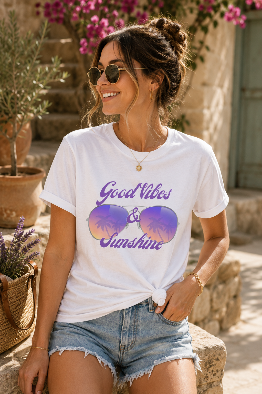 Good Vibes & Sunshine T-Shirt | Sommer Shirt Damen Herren | Urlaub Strand Sonnenbrille Shirt