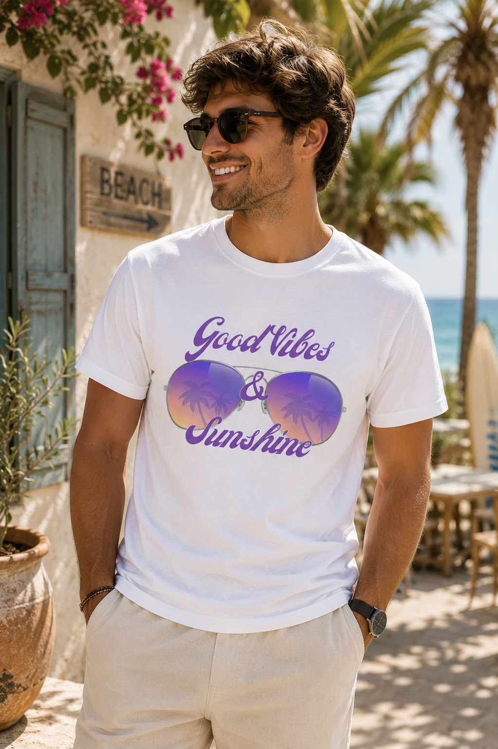 Good Vibes & Sunshine T-Shirt | Sommer Shirt Damen Herren | Urlaub Strand Sonnenbrille Shirt