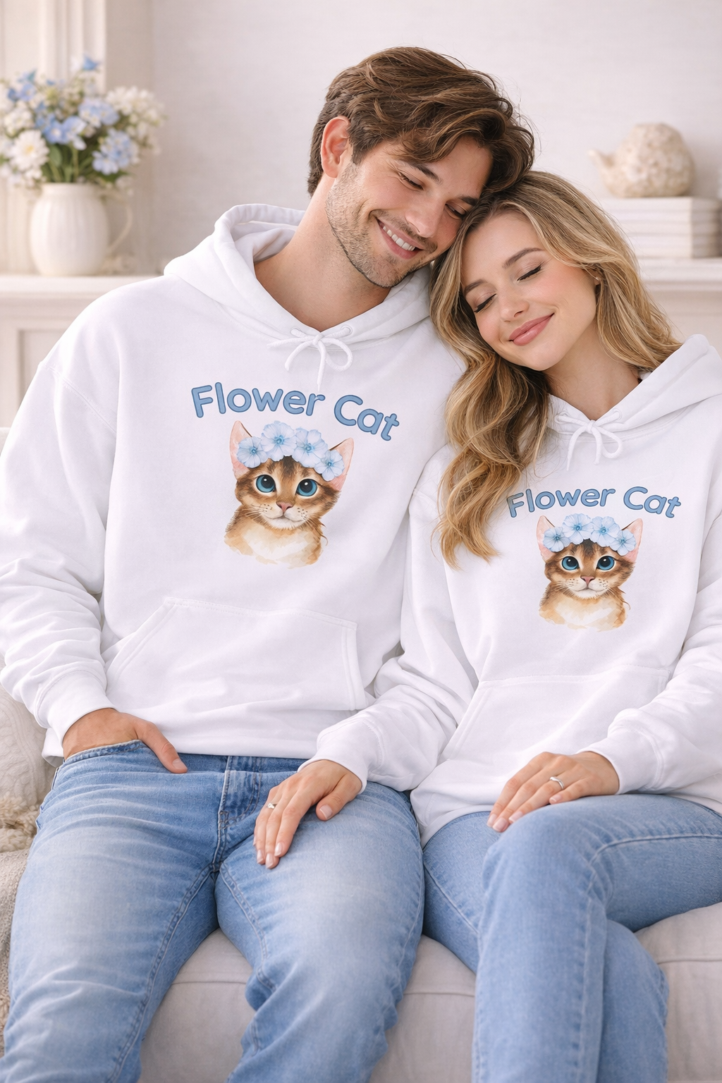 Weißer Unisex-Hoodie mit süßer Katze, blauem Blumenkranz und dem Schriftzug „Flower Cat“ auf der Vorderseite.