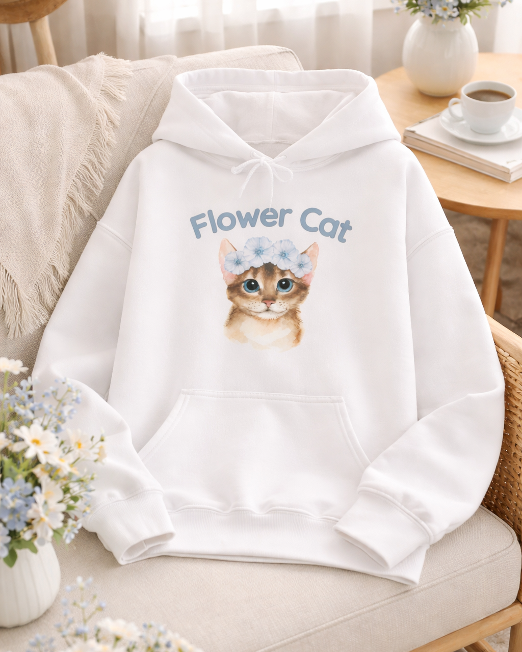 Weißer Unisex-Hoodie mit süßer Katze, blauem Blumenkranz und dem Schriftzug „Flower Cat“ auf der Vorderseite.