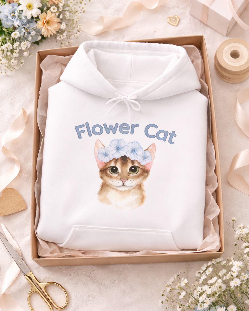 Weißer Unisex-Hoodie mit süßer Katze, blauem Blumenkranz und dem Schriftzug „Flower Cat“ auf der Vorderseite.