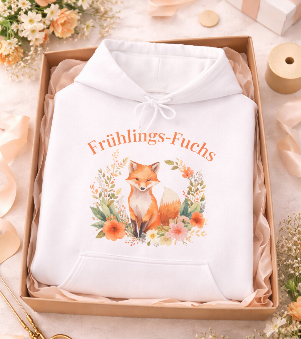 Alt-Text:
Weißer Hoodie mit niedlichem Fuchs-Motiv und floralen Frühlingsblumen sowie dem Schriftzug „Frühlings-Fuchs“.