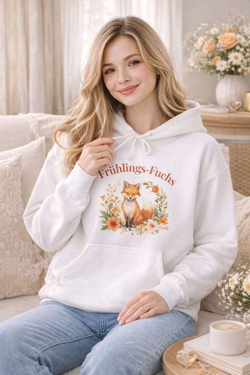 Alt-Text:
Weißer Hoodie mit niedlichem Fuchs-Motiv und floralen Frühlingsblumen sowie dem Schriftzug „Frühlings-Fuchs“.