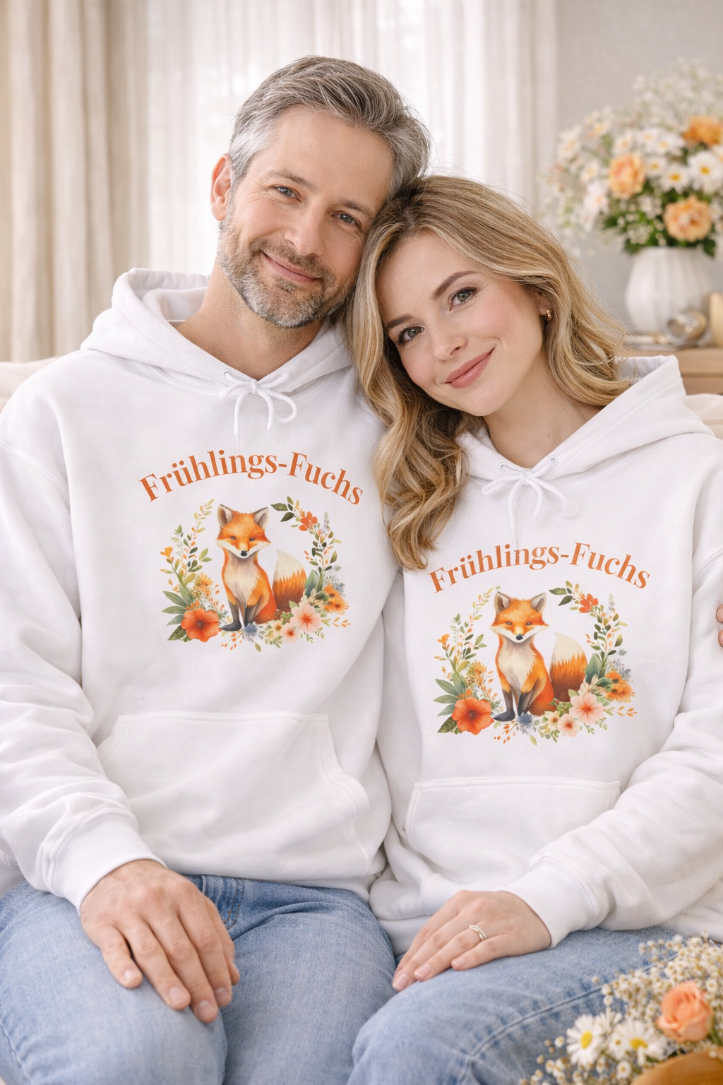 Alt-Text:
Weißer Hoodie mit niedlichem Fuchs-Motiv und floralen Frühlingsblumen sowie dem Schriftzug „Frühlings-Fuchs“.