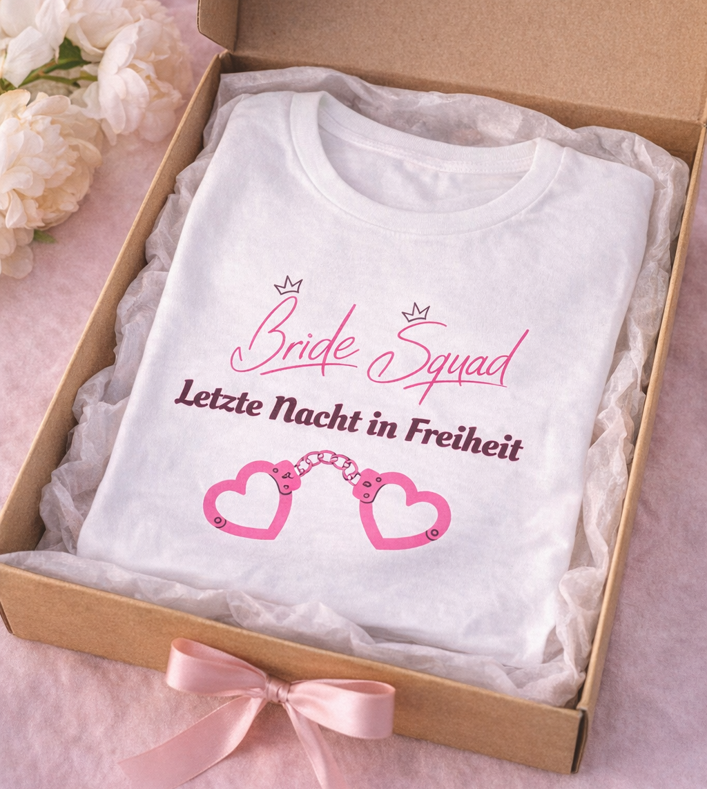 Weißes Unisex T-Shirt mit dem Schriftzug „Bride Squad – Letzte Nacht in Freiheit“ sowie rosa Herz-Handschellen – ideales Outfit für den Junggesellinnenabschied.