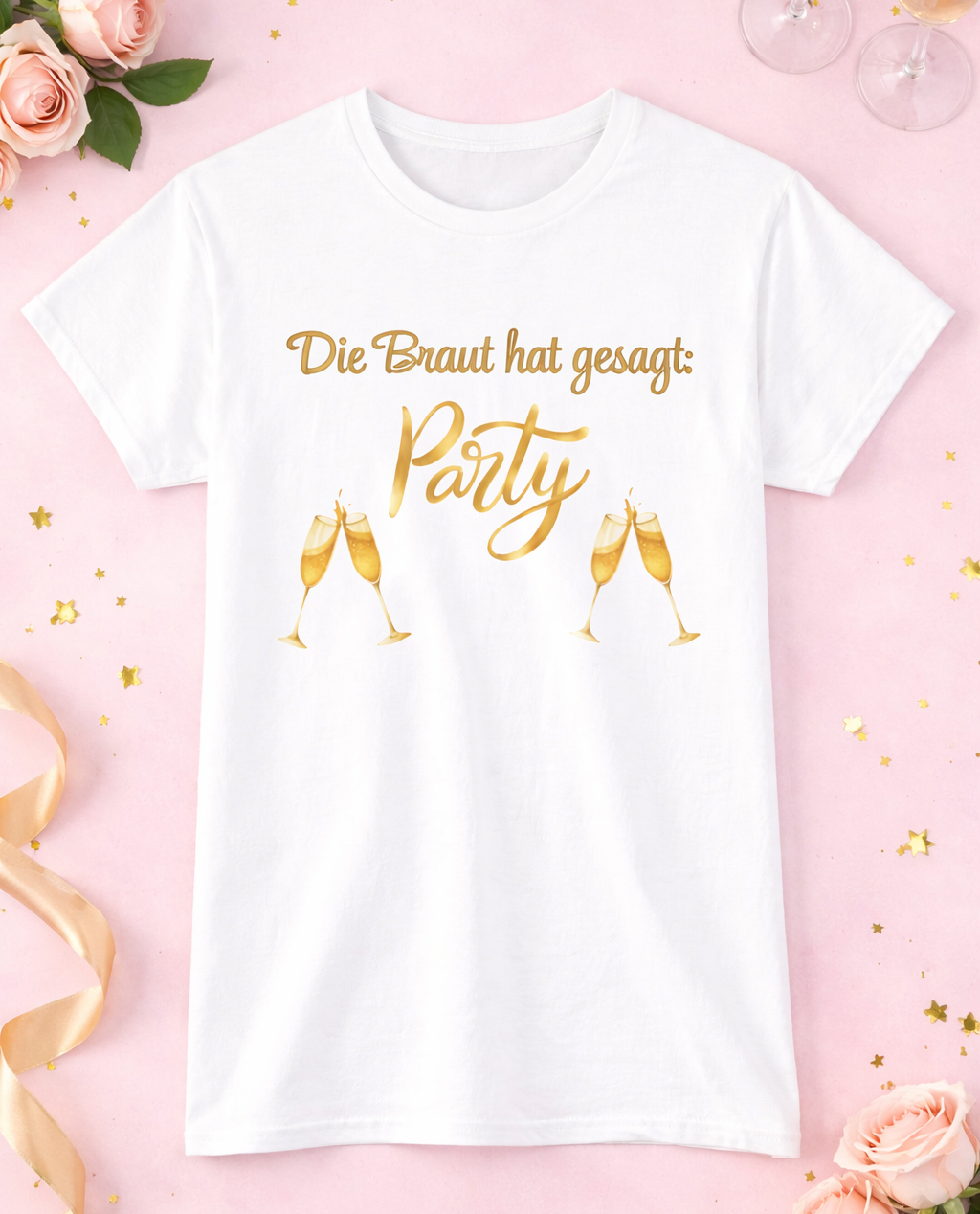 Weißes Unisex T-Shirt mit dem Schriftzug „Die Braut hat gesagt: Party“ und goldenen Sektgläsern – ideales Outfit für den Junggesellinnenabschied.