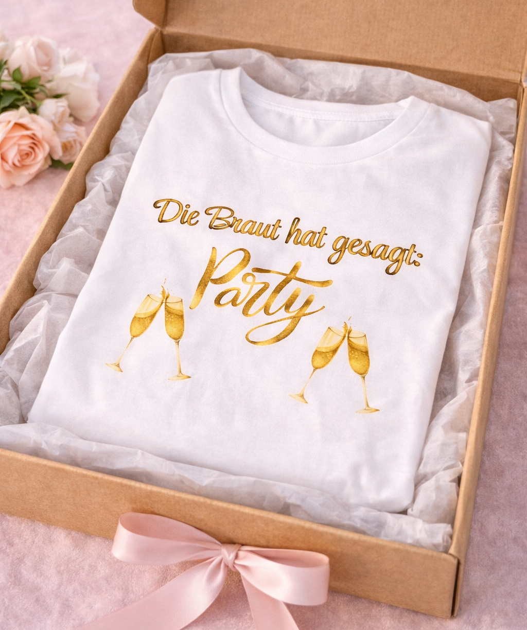 Weißes Unisex T-Shirt mit dem Schriftzug „Die Braut hat gesagt: Party“ und goldenen Sektgläsern – ideales Outfit für den Junggesellinnenabschied.