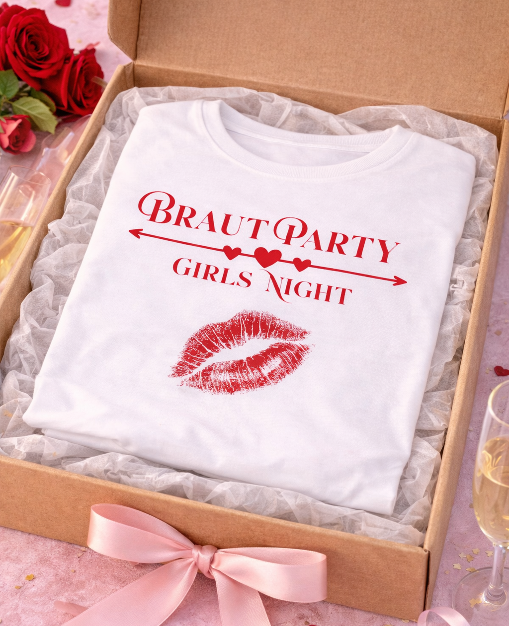 Weißes Unisex T-Shirt mit dem Schriftzug „Braut Party Girls Night“, Herzpfeil und rotem Lippenstift-Kussmund – ideales Outfit für den Junggesellinnenabschied.