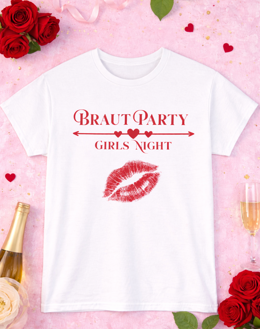 Weißes Unisex T-Shirt mit dem Schriftzug „Braut Party Girls Night“, Herzpfeil und rotem Lippenstift-Kussmund – ideales Outfit für den Junggesellinnenabschied.
