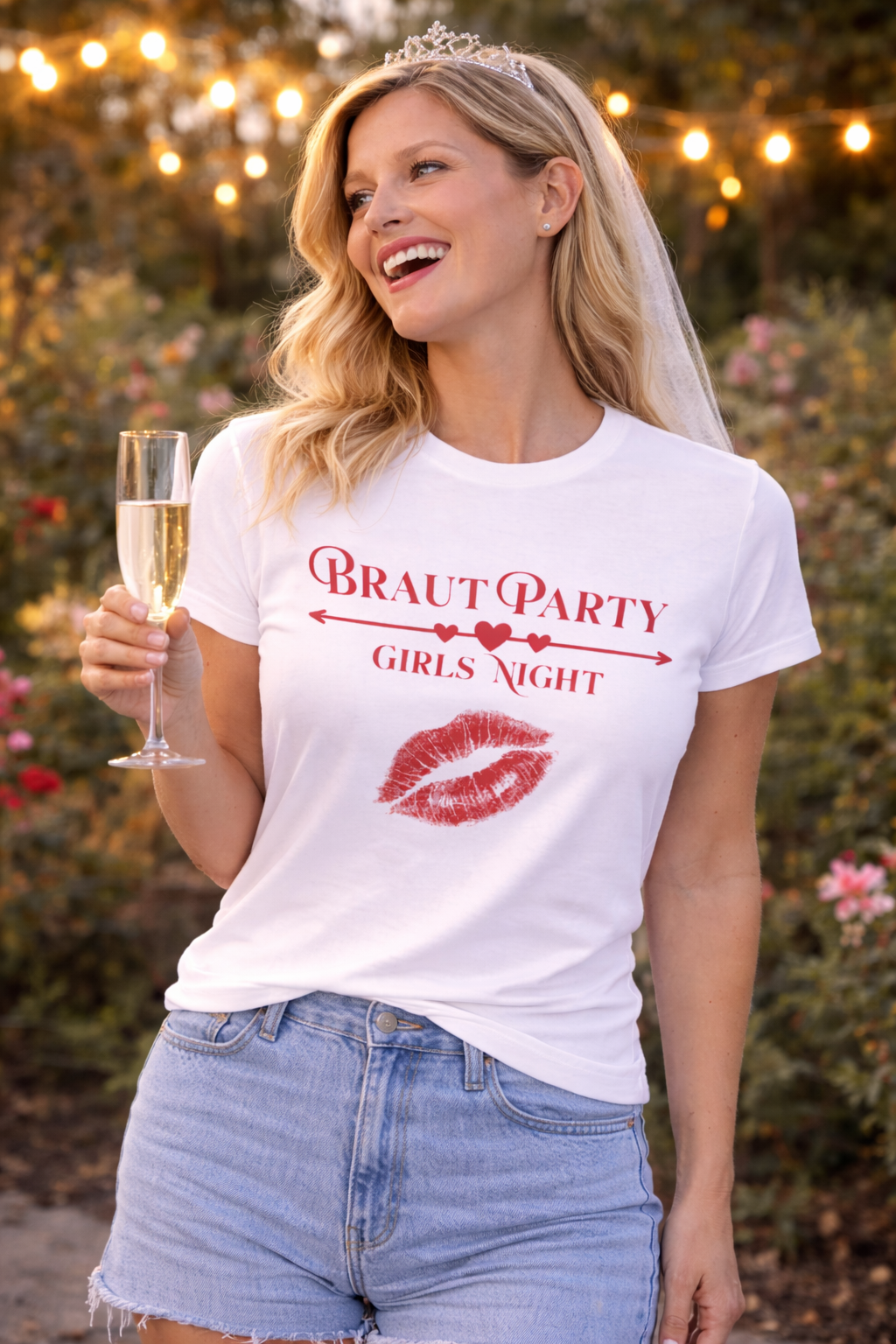 Weißes Unisex T-Shirt mit dem Schriftzug „Braut Party Girls Night“, Herzpfeil und rotem Lippenstift-Kussmund – ideales Outfit für den Junggesellinnenabschied.