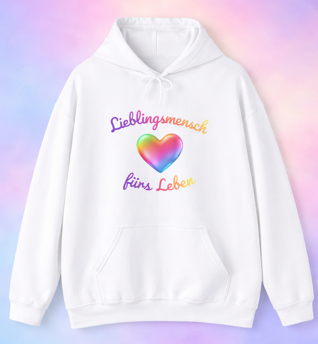 Weißer Unisex Hoodie mit buntem Herz und dem Schriftzug „Lieblingsmensch fürs Leben“ – romantisches Geschenk für Paare und Verliebte.