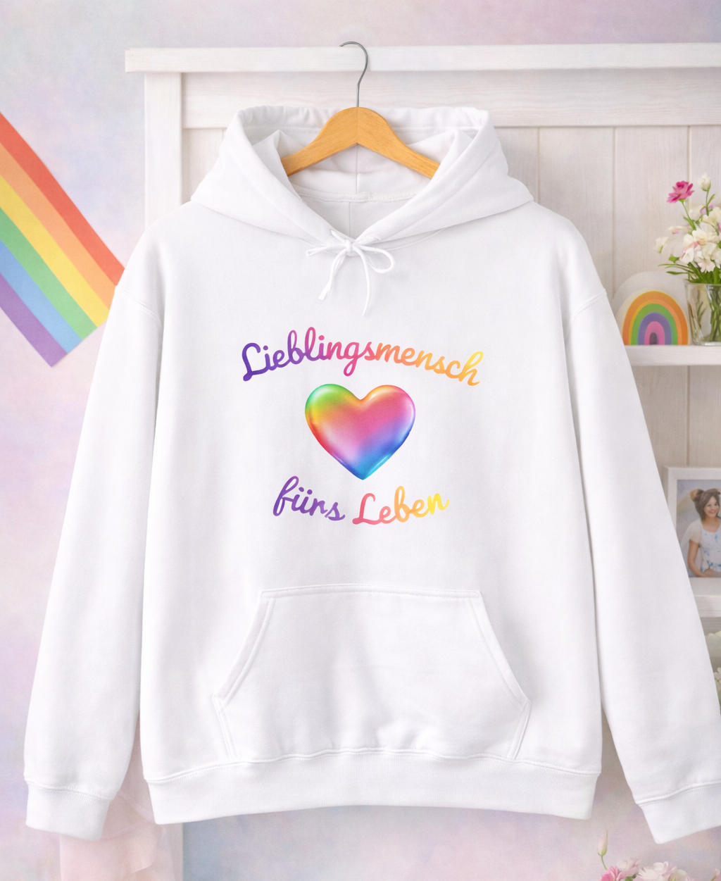 Weißer Unisex Hoodie mit buntem Herz und dem Schriftzug „Lieblingsmensch fürs Leben“ – romantisches Geschenk für Paare und Verliebte.