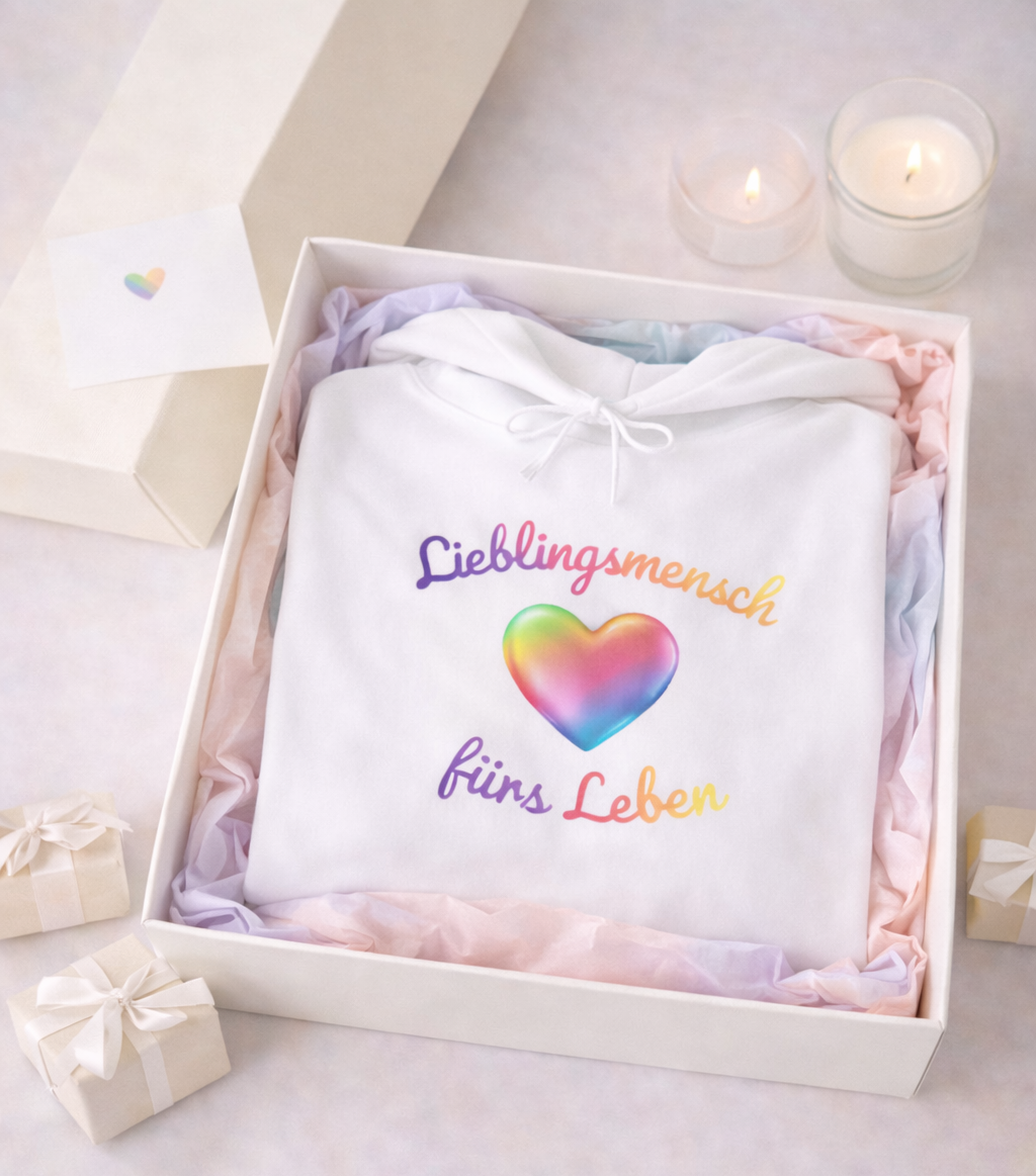 Weißer Unisex Hoodie mit buntem Herz und dem Schriftzug „Lieblingsmensch fürs Leben“ – romantisches Geschenk für Paare und Verliebte.