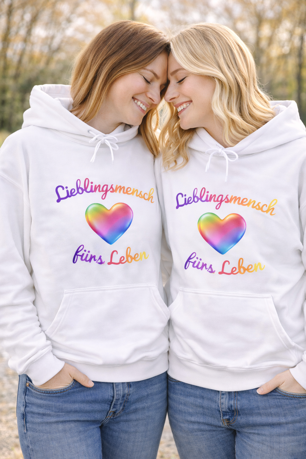 Weißer Unisex Hoodie mit buntem Herz und dem Schriftzug „Lieblingsmensch fürs Leben“ – romantisches Geschenk für Paare und Verliebte.