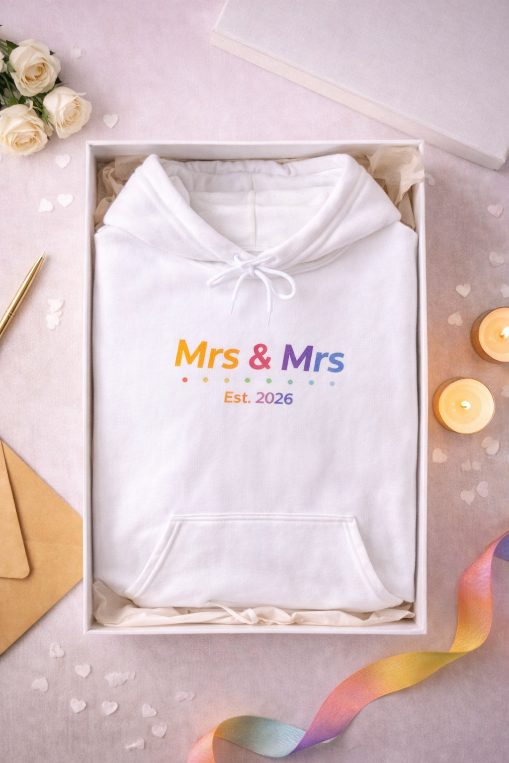 Hoodie „Mrs & Mrs Est. 2026“ – Hochzeit Hoodie für Frauen – Partnerlook – Weiß & Schwarz