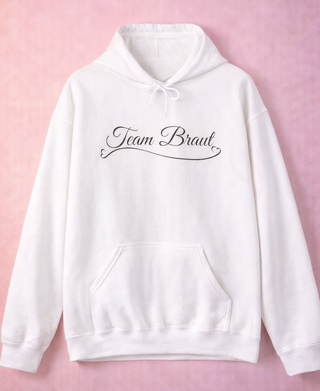 Weißer Unisex Hoodie mit elegantem Schriftzug „Team Braut“ und Herzdetail – ideal für Junggesellinnenabschied, Brautjungfern und Hochzeiten.