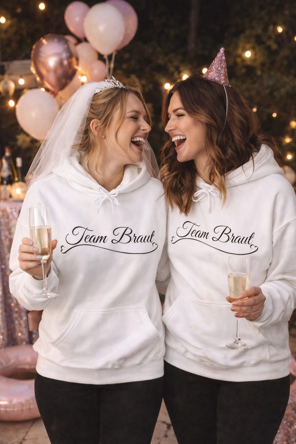 Weißer Unisex Hoodie mit elegantem Schriftzug „Team Braut“ und Herzdetail – ideal für Junggesellinnenabschied, Brautjungfern und Hochzeiten.