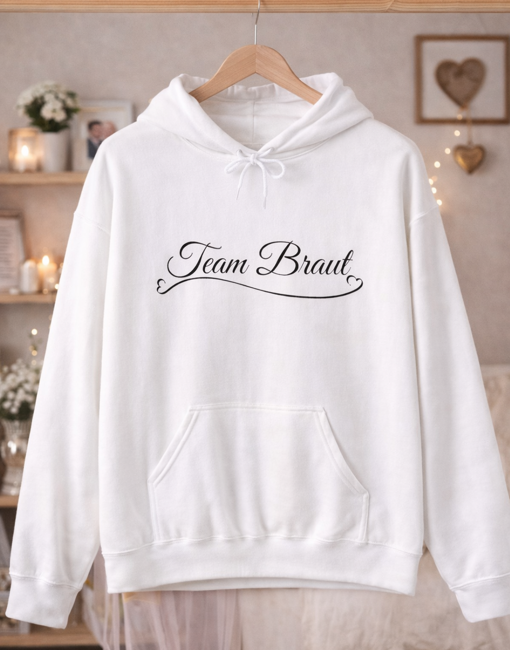 Weißer Unisex Hoodie mit elegantem Schriftzug „Team Braut“ und Herzdetail – ideal für Junggesellinnenabschied, Brautjungfern und Hochzeiten.