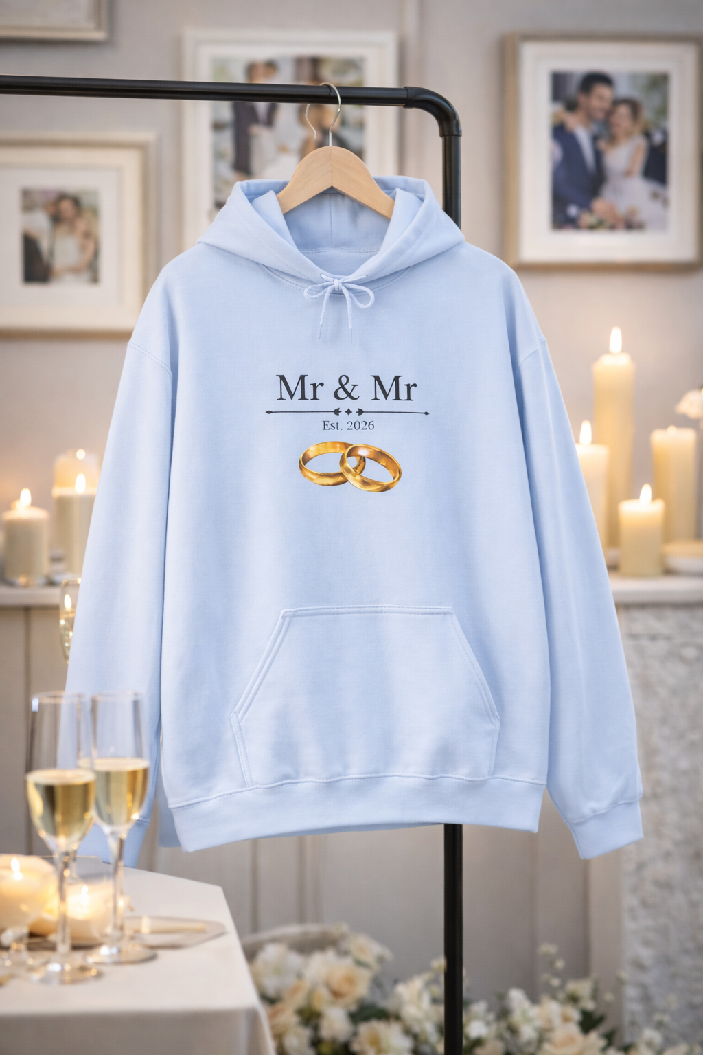 Hoodie „Mr & Mr Est. 2026“ – Hochzeit Hoodie für Paare – Partnerlook – Weiß & Hellblau