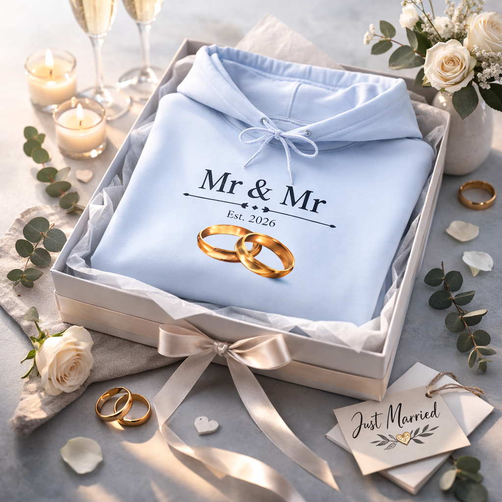 Hoodie „Mr & Mr Est. 2026“ – Hochzeit Hoodie für Paare – Partnerlook – Weiß & Hellblau