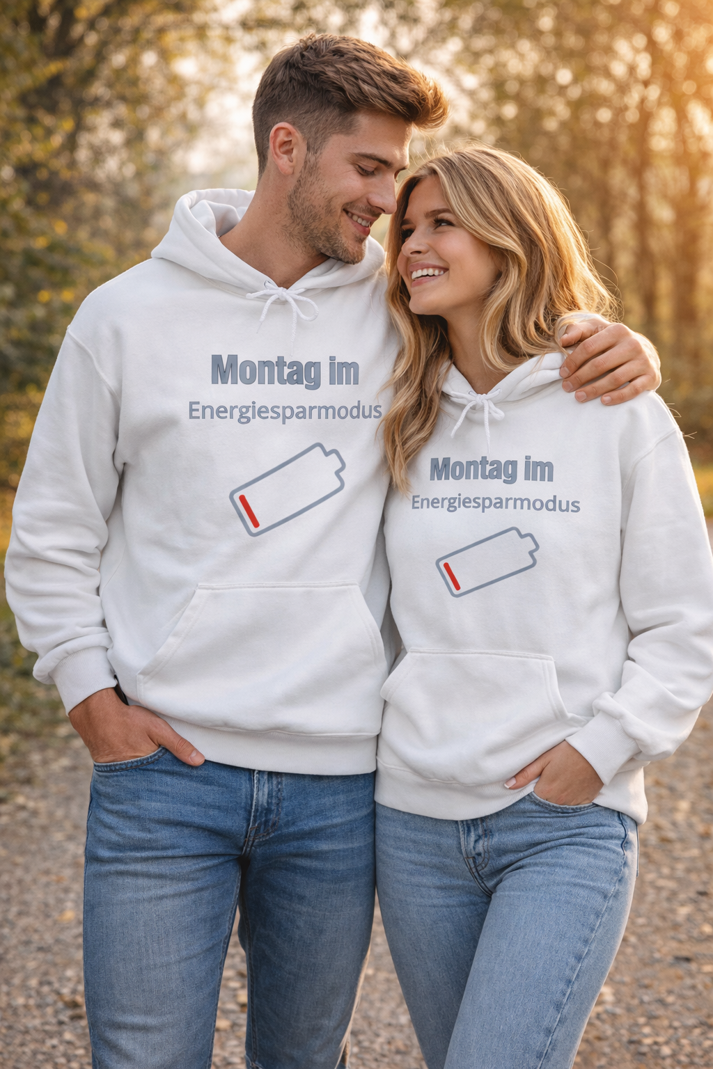 Weißer Unisex Hoodie mit dem Spruch „Montag im Energiesparmodus“ und einem fast leeren Akku-Symbol – lustiger Hoodie für Büro, Arbeit und Alltag.