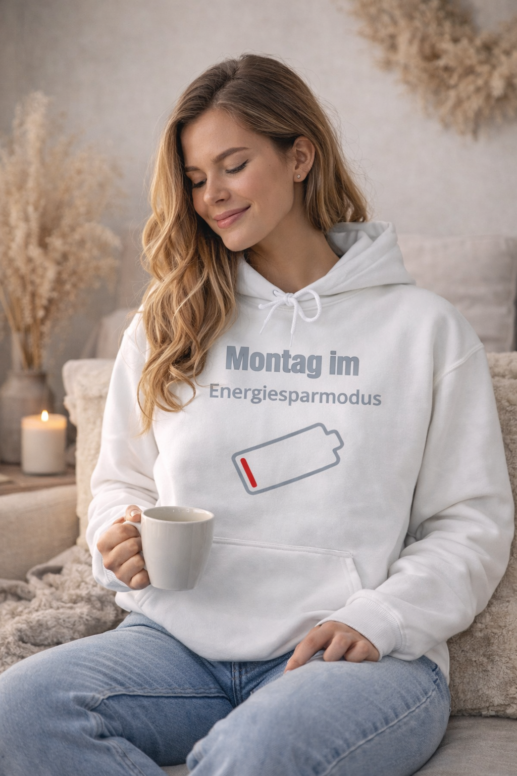 Weißer Unisex Hoodie mit dem Spruch „Montag im Energiesparmodus“ und einem fast leeren Akku-Symbol – lustiger Hoodie für Büro, Arbeit und Alltag.