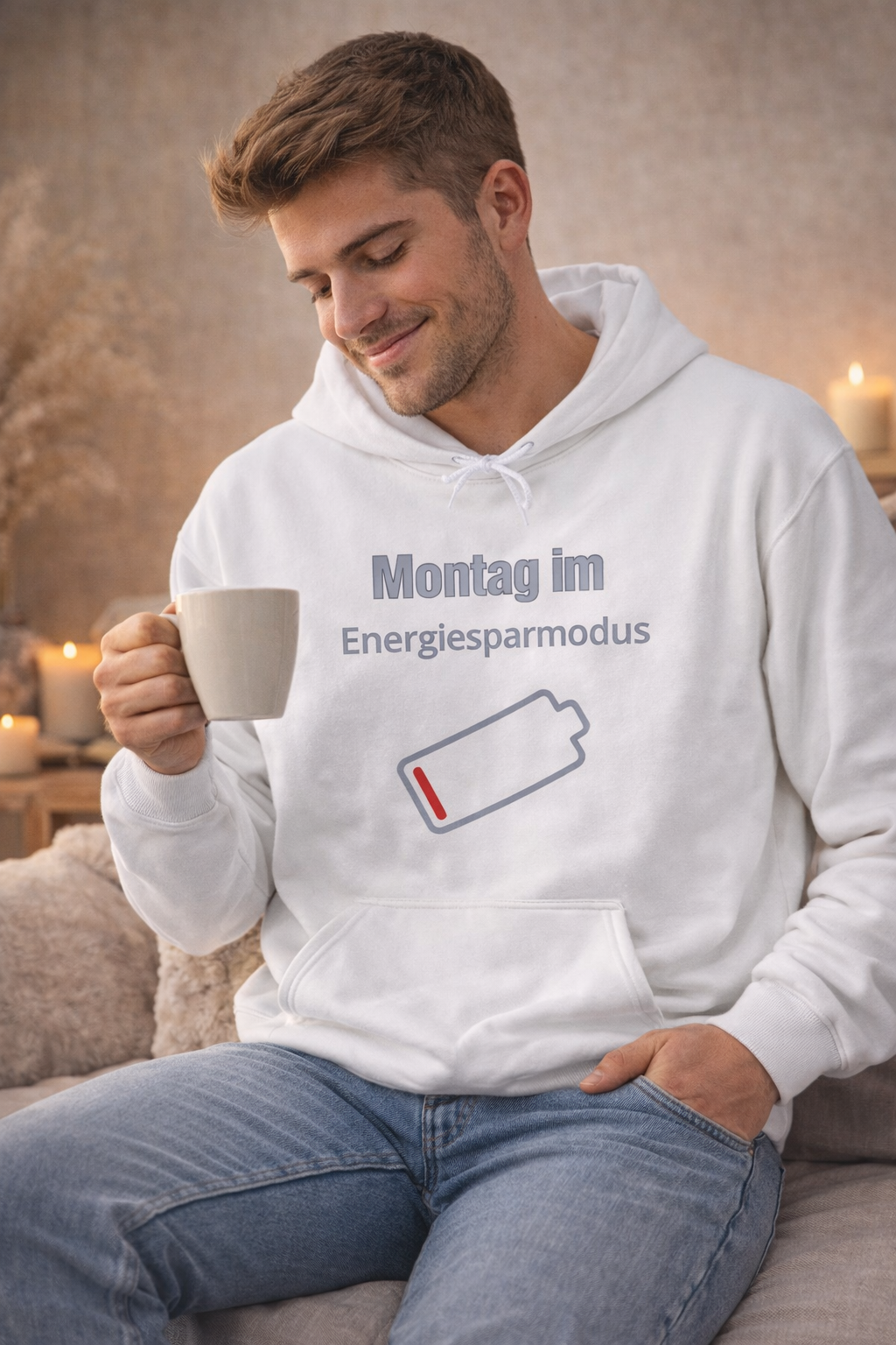 Weißer Unisex Hoodie mit dem Spruch „Montag im Energiesparmodus“ und einem fast leeren Akku-Symbol – lustiger Hoodie für Büro, Arbeit und Alltag.