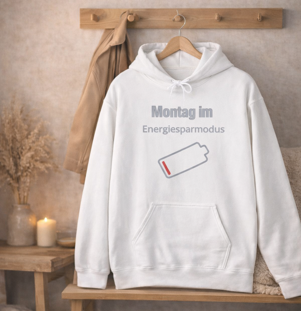 Weißer Unisex Hoodie mit dem Spruch „Montag im Energiesparmodus“ und einem fast leeren Akku-Symbol – lustiger Hoodie für Büro, Arbeit und Alltag.