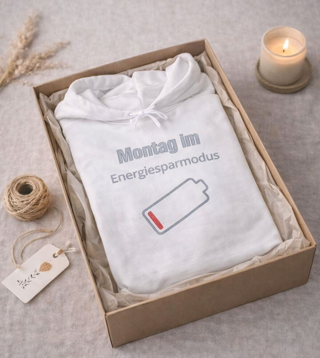 Weißer Unisex Hoodie mit dem Spruch „Montag im Energiesparmodus“ und einem fast leeren Akku-Symbol – lustiger Hoodie für Büro, Arbeit und Alltag.