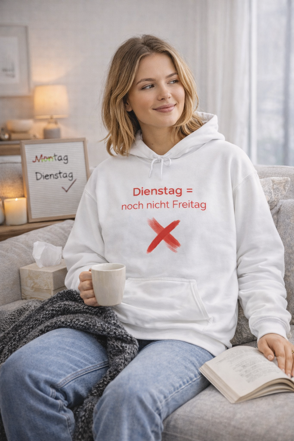 Weißer Hoodie mit dem Spruch „Dienstag = noch nicht Freitag“ und einem roten X als humorvolle Illustration.