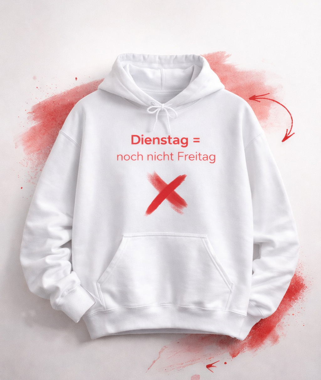 Weißer Hoodie mit dem Spruch „Dienstag = noch nicht Freitag“ und einem roten X als humorvolle Illustration.